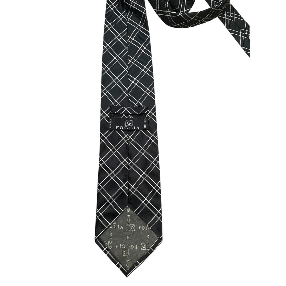 Foggia Mens Necktie Black White Plaid Pattern Silk Business Formal - Picture 2 of 4